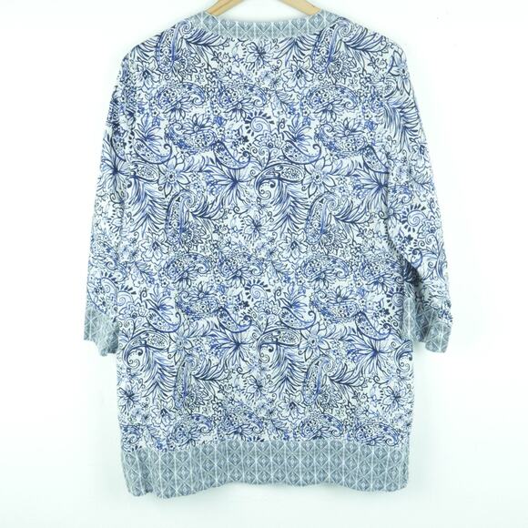 Sigrid Olsen M Top 100% Linen Beachy Relaxed Blue Floral Split Neck 3/4 Sleeve - Picture 7 of 7